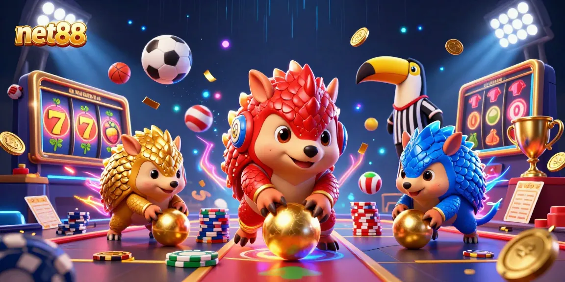 Win big with net88 in this vibrant 3D casino scene featuring bustling gambling activity.