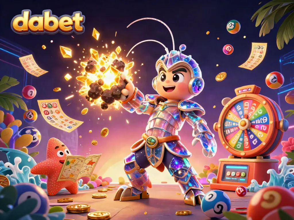 Dabet gaming scene with vibrant characters celebrating a jackpot win and confetti falling.