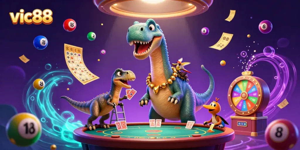 Experience the fun at vic88 casino with a lively 3D illustration filled with dynamic game elements.
