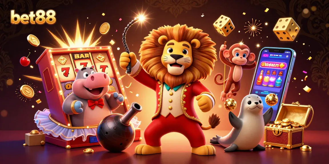 Experience thrilling games at bet88 with a vibrant circus-themed casino illustration showcasing excitement and jackpots.