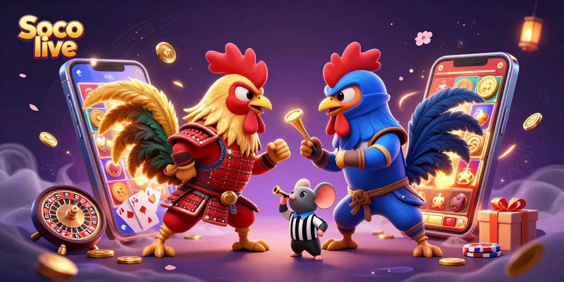 Soco live gaming scene with fighting roosters, slot games, and dynamic casino elements