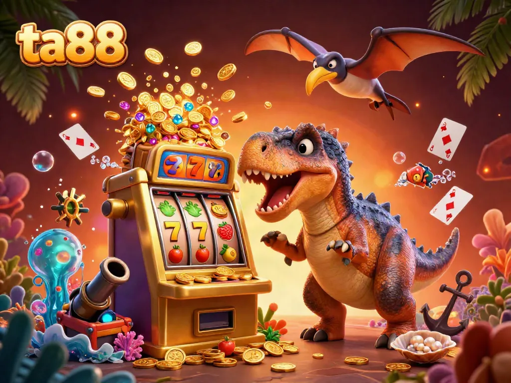 Experience the thrilling ta88 jackpot with a dinosaur-themed casino scene featuring exciting gaming elements.