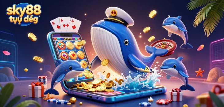 Experience sky88 trực tiếp with a whale in a captain's coat amidst playful dolphins and casino elements.