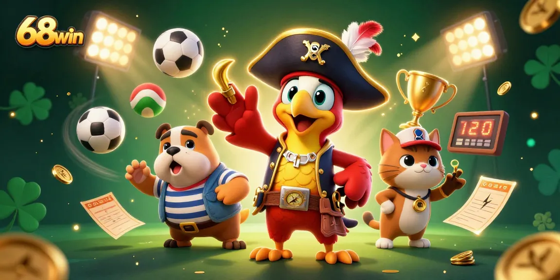 Engage with 68win's thrilling betting scene showcasing vibrant characters and dynamic sports elements.