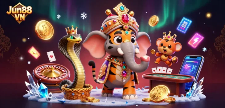 Join Jun88 VN in a thrilling live casino experience featuring a maharaja tiger and stunning elements.