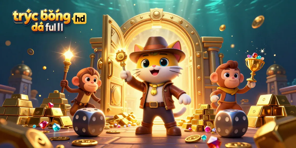 Experience trực tiếp bóng đá full hd action with 3D cartoon characters exploring a golden casino artifact.