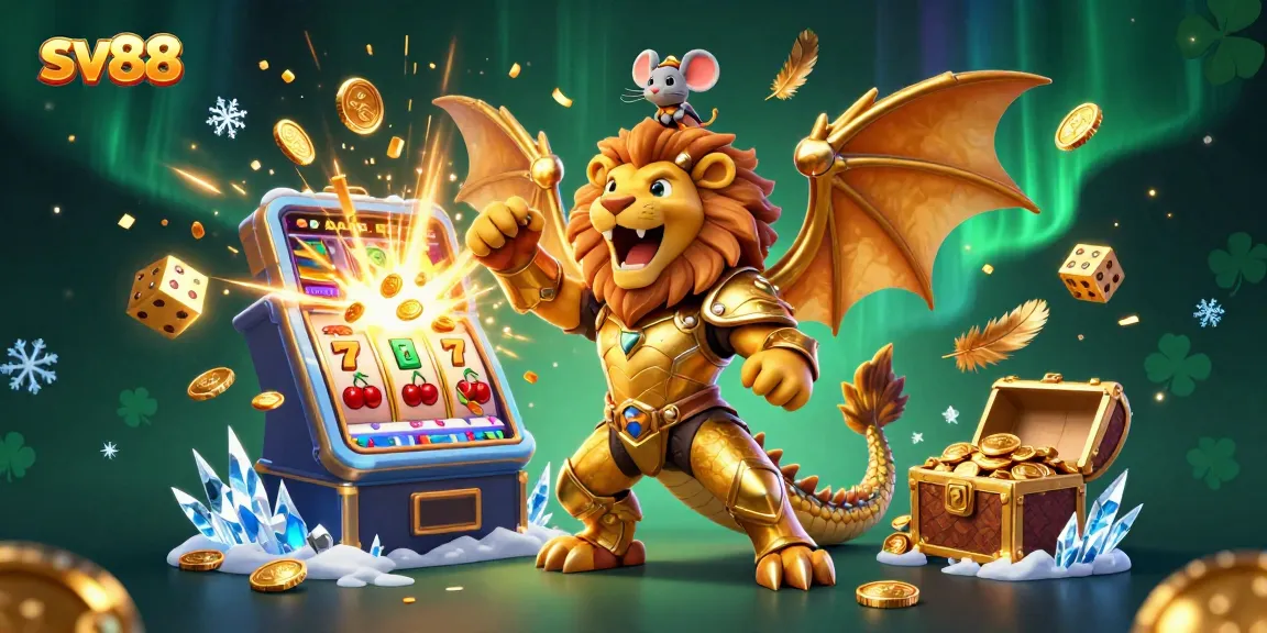 Experience exhilarating gameplay at sv88 with a 3D illustration of a majestic chimera creature amid dazzling casino elements.