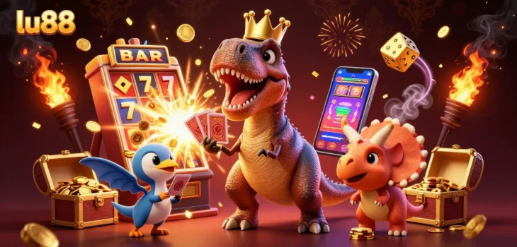 lu88 features a playful T-Rex card shuffling, lucky symbols exploding, and vibrant casino action.