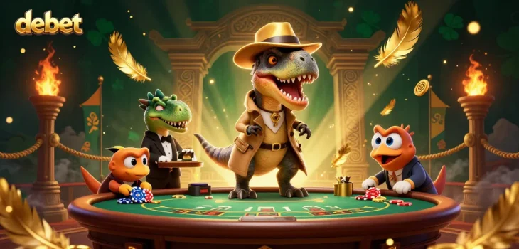 Engage in debet gameplay with a velociraptor card counter amidst a vibrant casino scene.