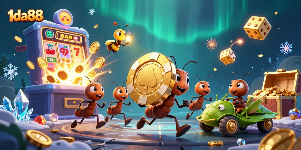 Ants heisting a massive poker chip in a colorful 1da88 casino scene filled with coins and slot machines.