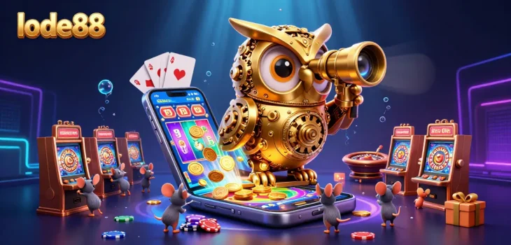 Spin the reels at lode88 with a golden owl overseeing a bustling casino scene.