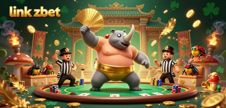 Experience thrilling poker action with link zbet as a cartoon beetle champion battles in a vibrant arena.
