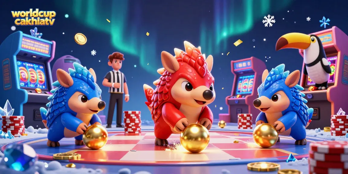 Experience thrilling action with worldcupcakhiatv as pangolins roll golden balls in a vibrant casino scene.