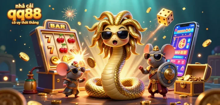 Play at nhà cái qq88 có uy tín không with exciting slots and jackpot elements in a dynamic illustration.