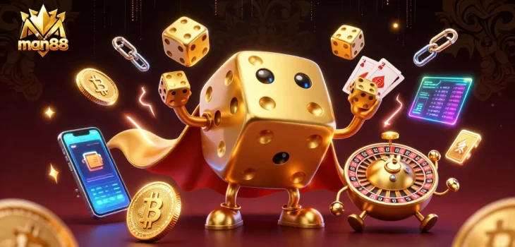 Engage with man88's casino adventures featuring a golden dice golem and crypto elements.