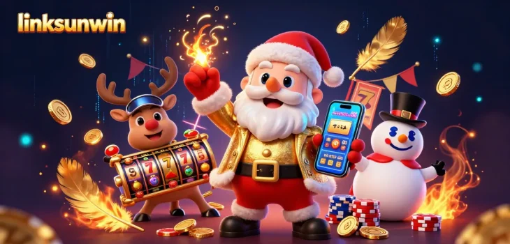 Engage with the vibrant world of linksunwin showcasing a festive casino scene featuring Santa and characters.