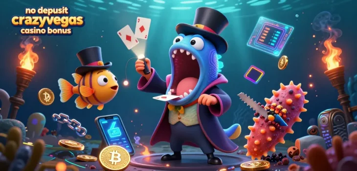 No deposit crazyvegas casino bonus illustrated with vibrant sea creatures performing magic tricks amidst cryptocurrency elements.