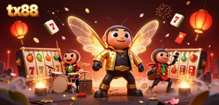Experience tx88's vibrant cartoon illustration featuring a cicada rock star and exciting slot games.