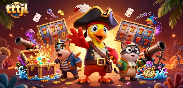 Interact with thrilling slots at tttjl with a vibrant pirate-themed gaming illustration.