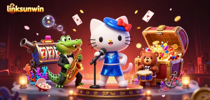 Engage with linksunwin's thrilling casino scene featuring vibrant characters and slot machines.