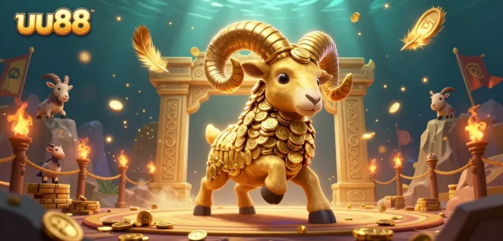 Engage with the dynamic uu88 scene featuring a golden ram charging at a gate amidst swirling golden tokens.