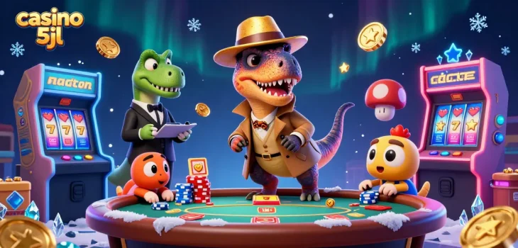 Engaging scene at casino 5jl with a velociraptor counter and cartoon dino characters.