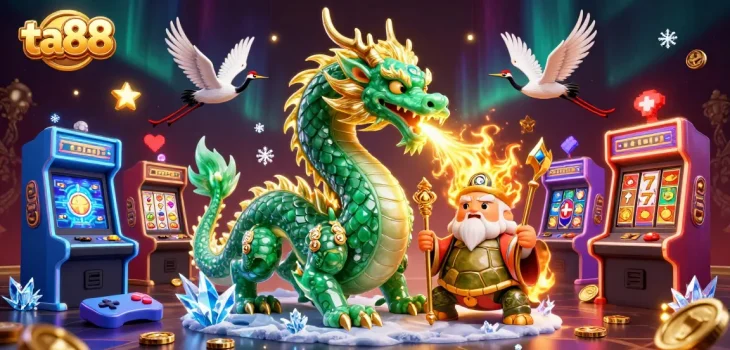 Experience excitement with ta88's captivating casino scene featuring a dragon, turtle sage, and lucky cranes.
