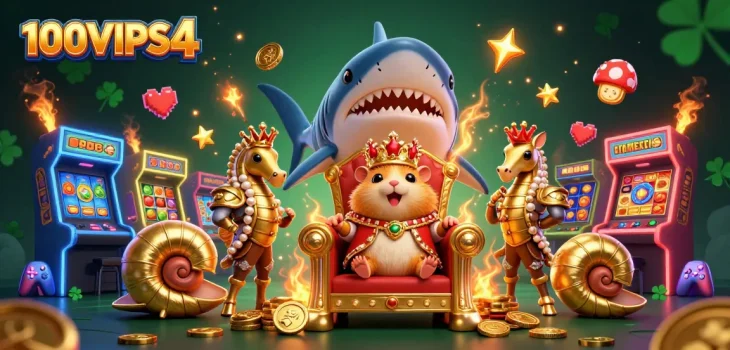 Spin the reels at 100VIPS4, featuring a golden hamster king on his throne surrounded by vibrant casino elements.