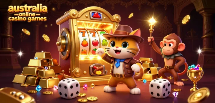 Play for thrilling wins in australia online casino games, featuring a cartoon cat and monkey in a treasure-filled temple.